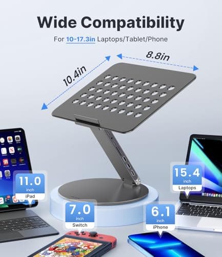 KU XIU Adjustable Laptop Stand with 8 in 1 USB C Hub, Foldable Portable Computer Notebook Stand with 360° Rotating Base, Riser Holder Mount for All 10-17" Laptops (Gray) 6