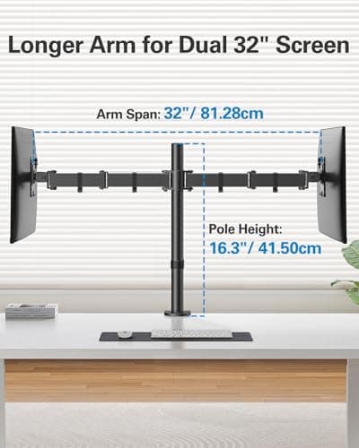 HUANUO Dual Monitor Mount up to 32 Inch Screens, Heavy-Duty Steel Dual Monitor Stand, Full Motion Adjustable Arm with Tilt, Swivel, Rotate, Holds up to 17.6 lbs per Arm, VESA 75/100mm 6