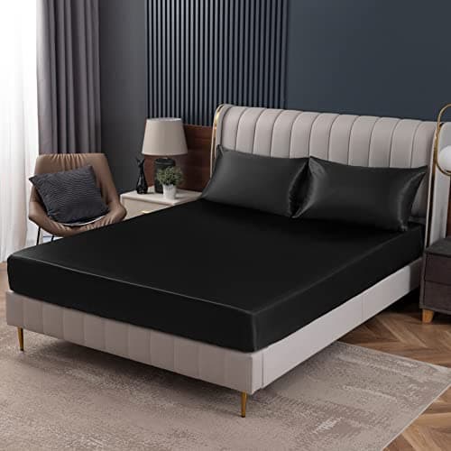 Homiest Black Satin Fitted Sheet Queen Size, Deep Pocket, Luxury & Ultra Soft Bedding