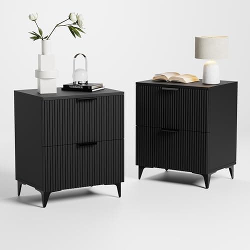 Royal Windsor Small Fluted Nightstand Set of 2 with 2 Drawers, Side End Table, Small Accent Storage Cabinet,Modern Night Stand Bedside Table for Bedroom Full Size Bed,Black