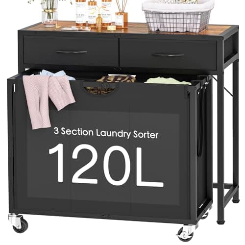 Laundry Sorter, Rolling Laundry Hamper with 3 Section Pull-Out Bags, Laundry Basket Organizer with 2 Drawers & 2-Tone Top Panel, Laundry Hamper with Wheels for Laundry Room Organization, Bathroom