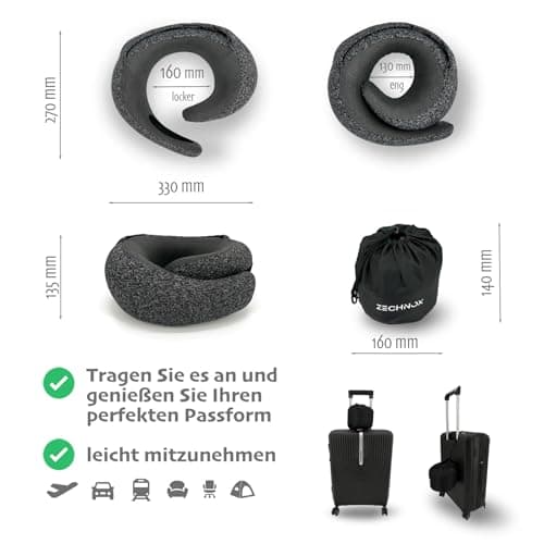 ZechnoX Ergonomic Travel Neck Pillow with Stowable Hood,Neck Pillow Airplane,Premium Memory Foam,360º Contoured Design,Washable Cover,Complete Travel Set,Ideal for Airplane,Car and Office (Black) 6
