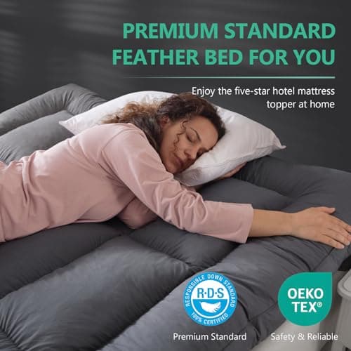 WhatsBedding 5 Inch Goose Feather Mattress Topper Queen Size, 100% Cotton Cover Feather Bed Topper, Filled with Shredded Foam, 4 Layers Design, CertiPUR-US Certified - Grey, 60"x80" 5