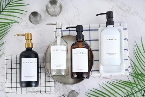 Emerson Essentials Soap Dispenser, Dish Bottle Dispenser for Kitchen, Farmhouse Hand Soap Dispenser, Kitchen Set, Glass Bottles with Pump and Labels | 16 Oz, 2-Pack 5