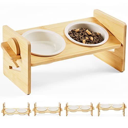 HICC PULE Elevated Pet Bowls for Cats & Small Dogs, Natural Bamboo with Ceramic Raised Small Dog Bowls, Cat Food Dish Bowls Elevated and 15° Tilted, Whisker Friendly, Dishwasher Safe