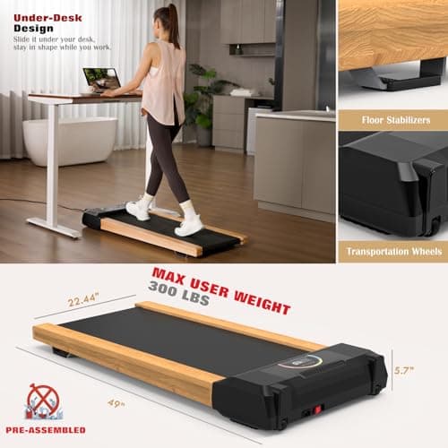 Walking Pad Treadmill, High Grade Wood Under Desk Treadmill 300LBS Capacity, Max 2.5 HP Electric Treadmill for Home&Office with Remote Control LED Display 5