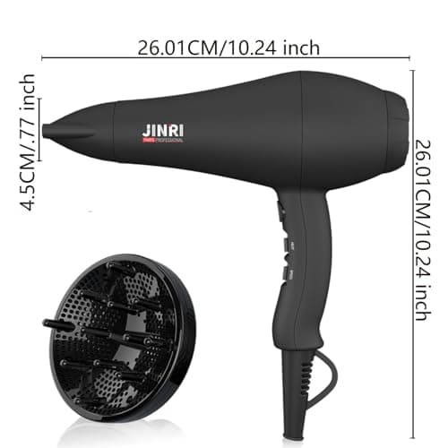 JINRI Hair Dryer, 1875W, 3 Heat & 2 Speed, with Diffuser, with Concentrator, Ionic Technology & Infrared - Black, Detachable Air Intake, Hanging Strap, Non-Foldable, 125V, JINRI-104 5