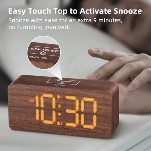 uscce Wooden Digital Alarm Clocks for Bedrooms: Dimmable Dual Alarm Clock with Large Numbers for Bedside Desk - Loud Alarm for Heavy Sleepers with Volume Control - Wood Decor & Gifts 8
