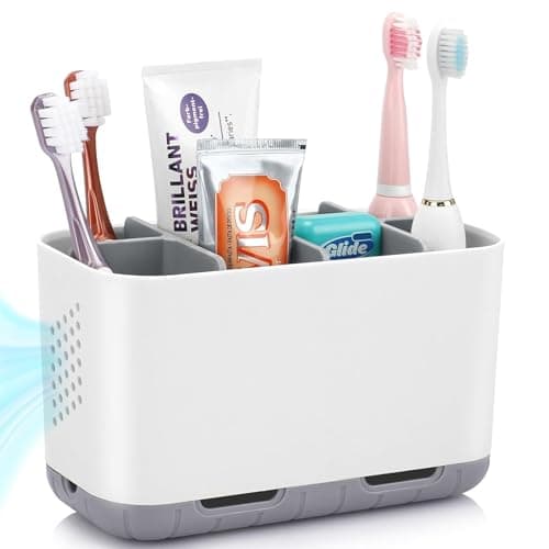 Boperzi Toothbrush and Toothpaste Holder Drainage for Bathroom Countertop with Adjustable Dividers, Large Toothpaste Caddy Organizer Storage Rustic Decor Set Anti-Slip for Shower,Family,Kids Gray