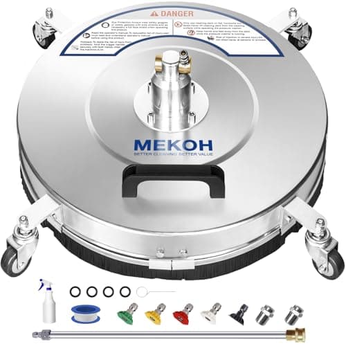 MEKOH 18" Pressure Washer Surface Cleaner 4500 PSI，4 Wheels Stainless Steel Power Washer Attachment for Driveway Sidewalk Patio Concrete Cleaning, 1/4'' Quick-Connect, 1 Extension Wand&5 Spray Nozzles