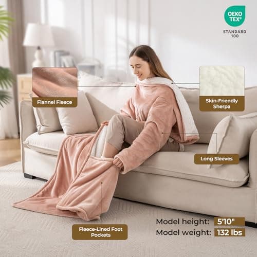 Kozyus Wearable Heated Blanket with Foot Pocket & Sleeves, Electric Blanket Heated Robe for Women & Men, 5 Heat Settings, 3H Auto-Off, Machine Washable, ETL Certified, Gift-Ready, 50x70 inches, Pink 4