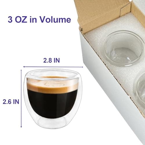 Double Wall Expresso Cups (Set of 2), 3 Ounce Glass Espresso Mugs - Clear, Double Walled, Insulated, Small Demitasse Cups for Espresso Machine - Microwave Safe 7