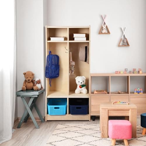 Geelin 2-Section Coat Locker with Cubbies - 48" Wood Daycare Locker Cubbies with Bench Classroom Storage Organizer Furniture for Backpack, Clothing, Shoewear 6