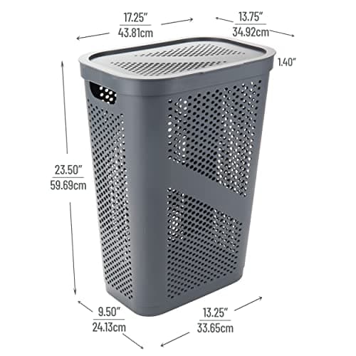 Mind Reader Slim Laundry Hamper with Lid, 60L Clothes Basket, Ventilated Plastic, Gray 3