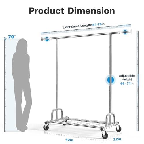 HOKEEPER Clothing Garment Rack Capacity 525LBS Clothing Racks on Wheels Rolling Clothes Rack for Hanging Clothes Heavy Duty Collapsible Commercial 7