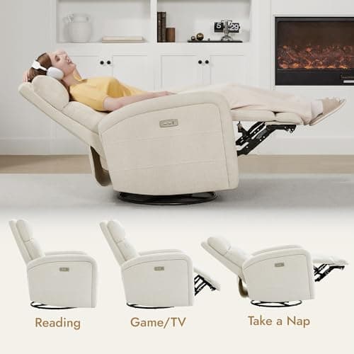 Watson & Whitely Swivel Power Recliner Glider Rocker, Nursery Recliner with Charging Port for Living Room, Fabric in Linen 5