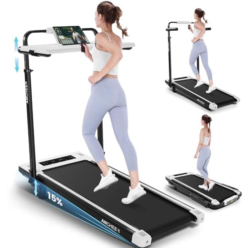 ANCHEER Walking Pad with Desk 47-50.5 Inch Adjustable Height, 6 in 1 Treadmill with 8% Incline for Home Workstation, Folding Treadmill 300lbs Weight Capacity/Ultra-Quiet/Installation-Free(White)