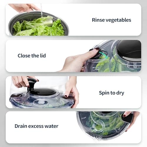 SveBake Stainless Steel Salad Spinner, 4.8 Qt Vegetable Washer, BPA-Free Lettuce Dryer with Crank Design, Dishwasher Safe, Non-Slip Base - Transparent Lid 5
