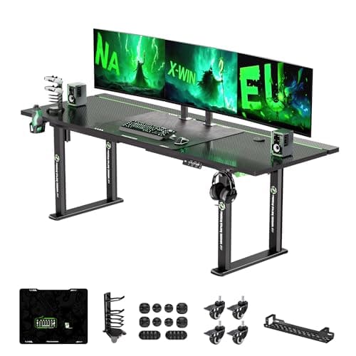 Klobel 71" x 30" Gaming Standing Desk, 4-Leg Electric Height Adjustable, Sit to Stand Desk with LED Light and Locking Wheels, Flip-Top Design, Ergonomic Computer Desk, Carbon Fiber Texture