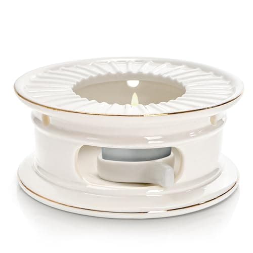 Nagpew Ceramic Teapot Warmer, Gold Rim Teapot Heater with Tealight Holder, White Porcelain Tea Kettle Holder Warming Base for Heating Coffee, Milk, Water, Soup