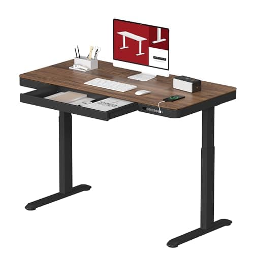 SANODESK Standing Desk with Drawer, Electric Height Adjustable Home Office Desk with Storage & USB Ports, 48 inch Black Walnut Wood Tabletop/Black Frame
