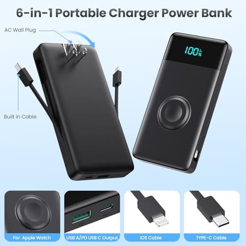 Portable Charger for iPhone with Built in Cables & Wall Plug,6-in-1 10800mah Power Bank With iWatch Charger,QC4.0+25W PD Fast Charging LCD Display Battery Pack for iPhone 16/15/14,Android,Apple Watch 6