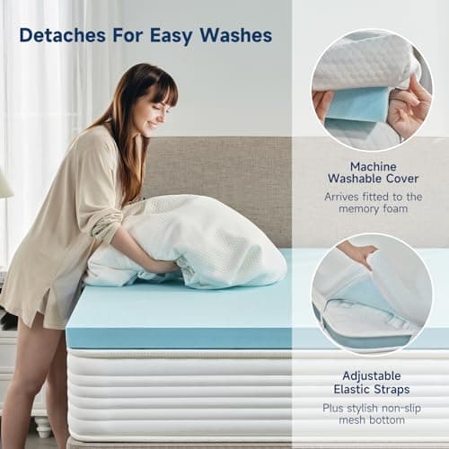 3 Inch Queen Memory Foam Mattress Topper, Cooling Gel Bed Topper with Premium Removable Skin-Friendly Non-Slip Cover, High Density Ventilated Mattress Pad CertiPUR-US & Oeko-Tex Certified, White 9
