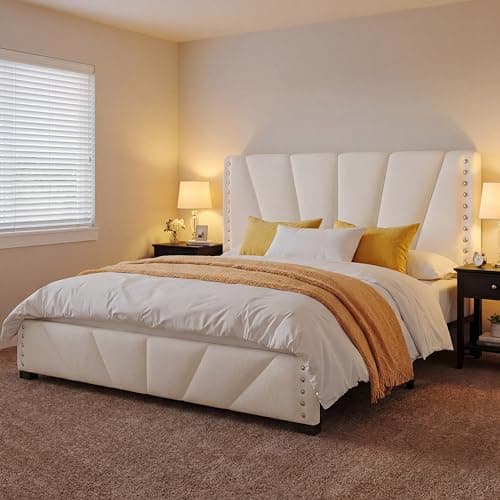 EnHomee King Size Bed Frame, Velvet Bed Frame with Headboard and Led Light, Platform Bed Frame for Bedroom Apartment, Dorm, Noise-Free, Easy Assembly, Beige