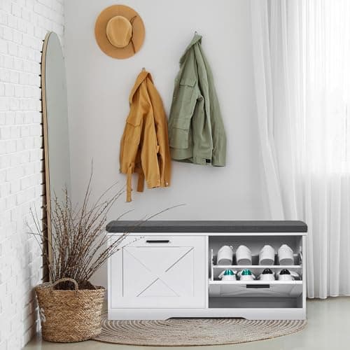 Homleke Shoe Storage Bench with 2 Flip Drawers, Entryway Bench with Padded Seat Cushion, Shoe Cabinet with 2 Barn Doors, 11.8" D x 39.4" W x 18.4" H, for Entryway, Living Room, Bedroom, White 6