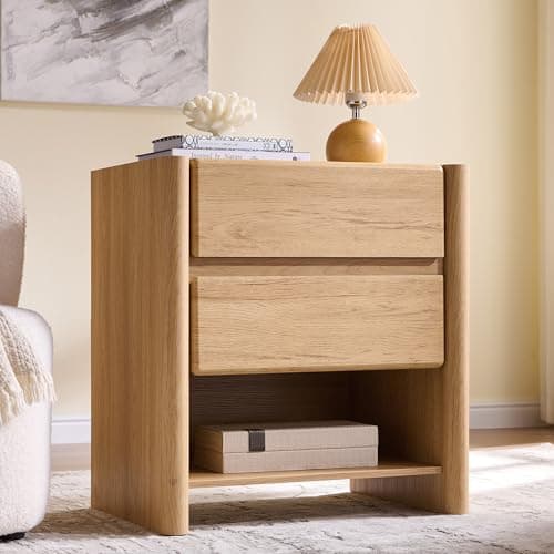 wow97e 25" Tall Modern Nightstand with Charging Station, 23.6" W Nightstand with 2 Storage Drawers & Open Shelf, Wood Night Stand w/Rounded Corner Design for Bedroom (Natural)