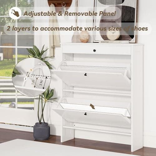 FTZxHKLX Shoe Cabinet with 2 Flip-Up Doors & Drawer, Slim Shoe Cabinet with Adjustable Shelves & Elevated Design, Freestanding Narrow Shoe Storage Organizer for Entryway, Hallway, Foyer, White 6