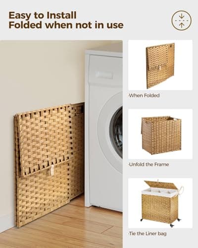 Greenstell Laundry Hamper with Wheels&Lid, 130L Large 3 Sections Clothes Hamper with 2 Types Removable Liner Bags, 5 Mesh Laundry Bags, Handwoven Divided Laundry Basket for Clothes, Natural 8