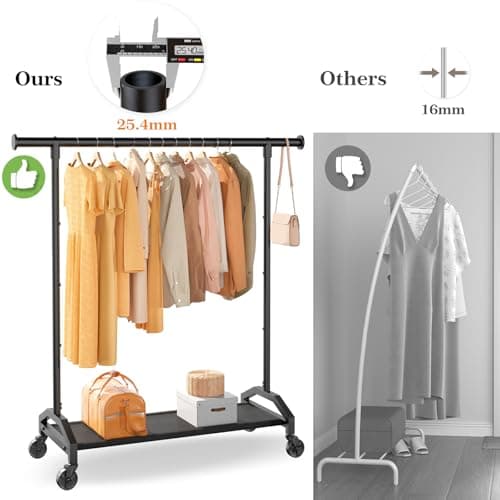 Wiracks Clothes Rack Clothing Racks for Hanging Clothes Heavy Duty Clothes Rack Hanger Rack 200lbs Capacity Industrial Wheels 1" Pipe,Rolling Garment Rack Portable Clothes Rack Black 5