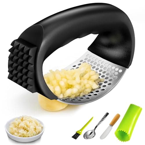 BAERFO Garlic Press Rocker, Stainless Steel Garlic Mincer and Garlic Crusher with Peeler and Scraper, Comfortable Grip（Black）