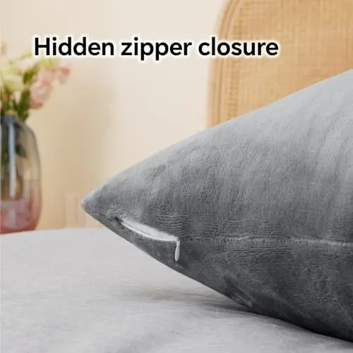 BEDELITE Flannel Pillowcases Standard Set of 2, Super Soft Fleece Pillow Case Cover with Zipper for Bedroom, Sofa, Couch,Luxury Cozy Fuzzy Velvet Pillow Shams for All Seasons(20x26 Inches, Gray) 6