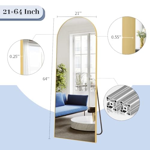 BEAUTYPEAK 64"x21" Arch Floor Mirror, Full Length Wall Hanging or Leaning Arched-Top Full Body Mirror with Stand for Bedroom, Dressing Room, Gold 6