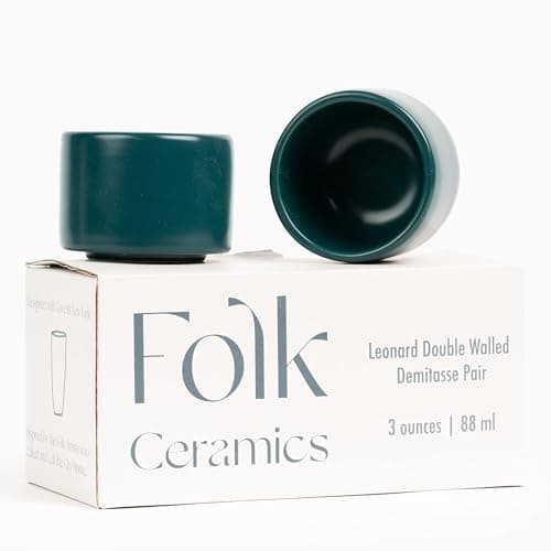 Folk Ceramics Leonard Ceramic Espresso Cups | Modern Stackable Demitasse Mugs for Espresso | Thick Walled, Handleless, Durable, Dishwasher & Microwave Safe | Set of 2, 3oz | Blue Emerald