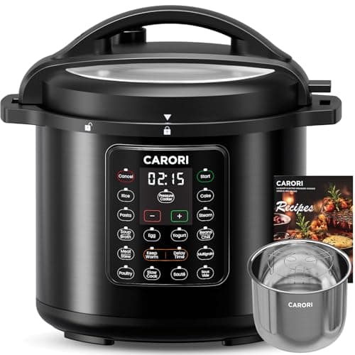 CARORI 1200W 12-in-1 Electric Pressure Cooker 8Qt, Stainless Steel Pressure Cooker, Slow Cook Rice Cooker Steamer Sauté, Yogurt Maker, Warmer & Sterilizer with Recipe, Safer Venting Design, Black