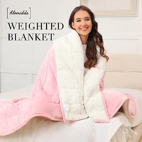 Alomidds Weighted Blanket Queen Size 15lbs 60x80 inches, Sherpa Weighted Blankets for Adults,Fluffy Warm Sherpa & Cozy Soft Flannel Thick Heavy Blanket for All-Season with Glass Beads, Pink 5