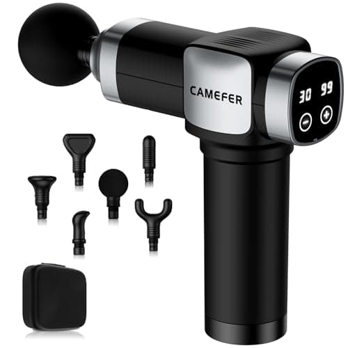 CAMEFER Massage Gun, Deep Tissue Massage Gun for Pain Relief, Handheld Electric Muscle Massager with 30 Speed Level 6 Massage Heads, Carrying Case, Ultra-Quiet Design