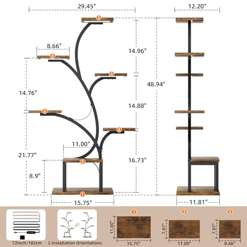 BACEKOLL Plant Stand Indoor with Grow Lights, 7 Tiered Indoor Plant Shelf, 49" Corner Plant Stands for Indoor Plants, Metal Plant Flower Display Shelf, Tree-Shaped Plant Rack for Home, Patio, Brown 6