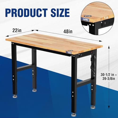 WORKPRO Adjustable Garage Workbench, 48"x22" Rubber Wood Top Heavy-Duty Work Desk with Power Outlets, Leveling Foot, 5 Heights, 1500 LBS Load Capacity Work Benches for Garage, Workshop 5