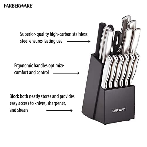 Farberware 15-Piece Kitchen Knife Set, High-Carbon Stainless Steel Blades with Wood Block, Steak Knives, Sharpening Tool & All-Purpose Shears, Razor Sharp, Ergonomic Stainless Steel Handles 8