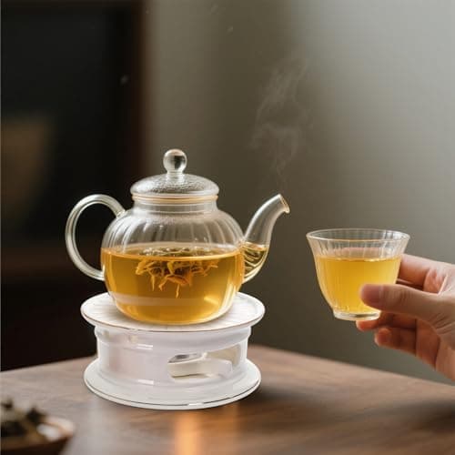 Nagpew Ceramic Teapot Warmer, Gold Rim Teapot Heater with Tealight Holder, White Porcelain Tea Kettle Holder Warming Base for Heating Coffee, Milk, Water, Soup 7