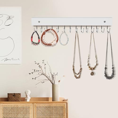 AnDock Necklace Holder Wall Mounted Jewelry Organizer - 2 Pack Wooden with 28 Hooks, Hanging Earring & Ring Bracelet Storage, Decorative Space-Saving Jewelry Display (White) 6