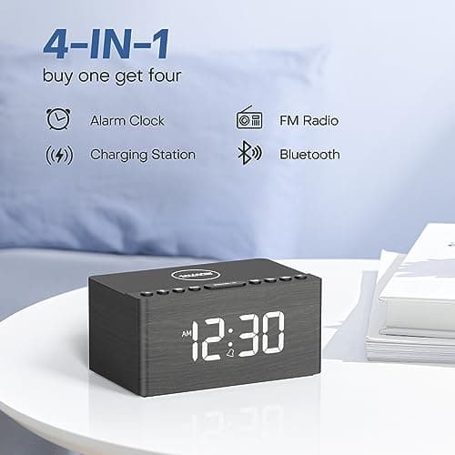 ANJANK Wooden Bluetooth Speaker, Alarm Clock with FM Radio, Qi Certified Fast Wireless Charging Station for iPhone/Samsung, USB Charger Port, Dimmable Display, Digital Wood Clock for Bedroom, Bedside 2