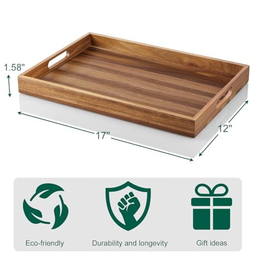 17 Inch Acacia Wood Serving Tray with Handles - Large Wooden Tray for Ottoman, Breakfast in Bed, Dinner, Coffee Table - Decorative Rectangular Tray for Living Room Bedroom Entryway and Kitchen 7