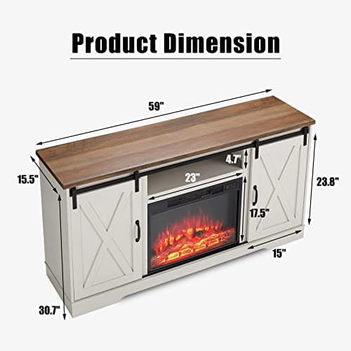 AMERLIFE Fireplace TV Stand with Sliding Barn Door for TVs up to 65", Farmhouse 59" Fireplace Entertainment Center with Storage Cabinets/Adjustable Shelves, Distressed White & Barnwood 6