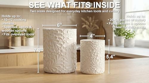 25DOL Large 7.3"+5.4" Engraved Ceramic Utensil Holder for Countertop, Cooking Utensils Organizer for Spatula, Large Utensils Crock for Kitchen Counter, Kitchen Decor, set of 2, White 6