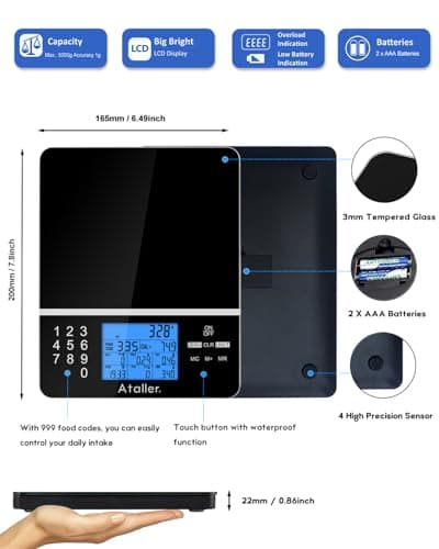 Ataller Food Scale with Nutritional Calculator, Kitchen Diet Scale, Digital Food Calorie Counting Scale for Meal Prep, Kitchen, Baking, Weight Loss, Resolution 1g, Max 5kg 11Ib, Tempered Glass, Black 9